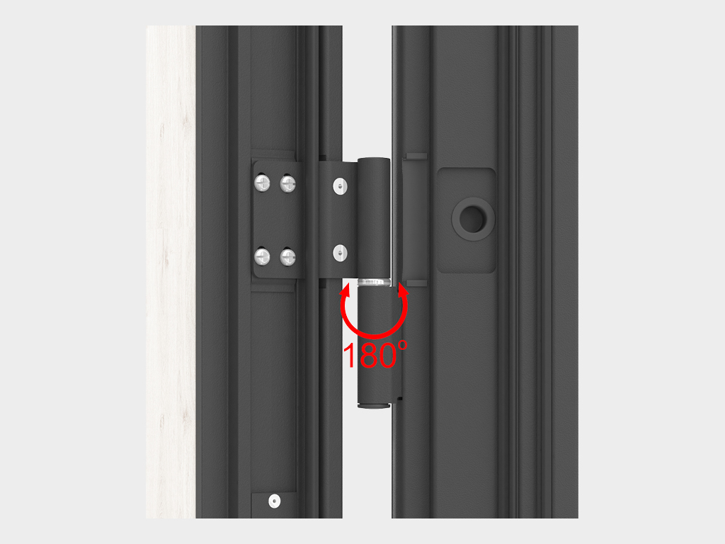 Три петли со стальными втулками и осью на опорном шаре выдерживают высокие нагрузки, обеспечивают низкий уровень трения и малые усилия для открывания-закрывания двери. Угол открывания двери более 180°.